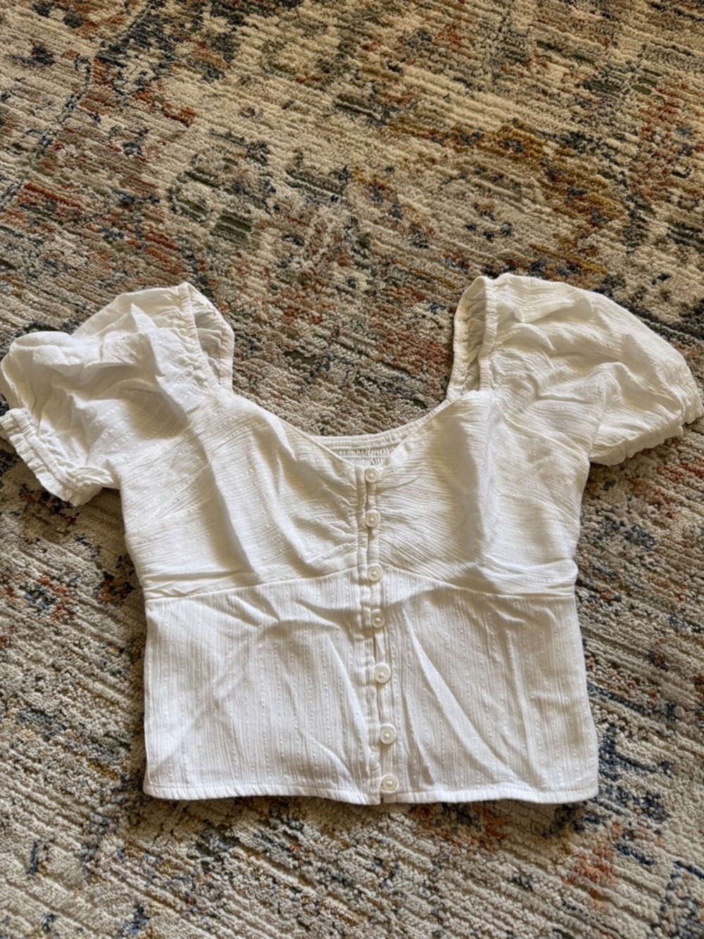 Hollister White Puff-Sleeve Button Crop Top